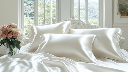 Luxurious cream silk pillowcases and bedding on a bed in a bright room.