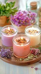 A serene arrangement of three scented candles surrounded by dried flowers, evoking a calming and inviting atmosphere.