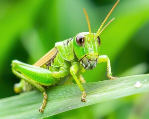Fototapeta premium A close-up of a vibrant green grasshopper perched on a blade of grass, showcasing its detailed features against a blurred green background.