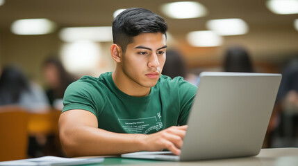 Studying young man library digital learning indoor space close-up