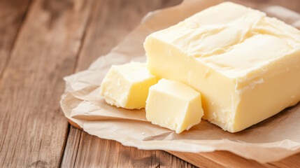 Butter on Wooden Board: A close-up captures fresh, creamy butter, meticulously cut and artfully presented on a rustic wooden board, epitomizing culinary simplicity and the pleasures of taste.