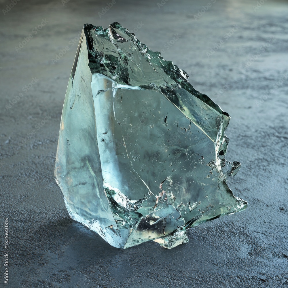 Aufkleber Abstract Study of a Broken Ice Chunk on a Concrete Surface, Emphasizing Texture and Light Reflection.