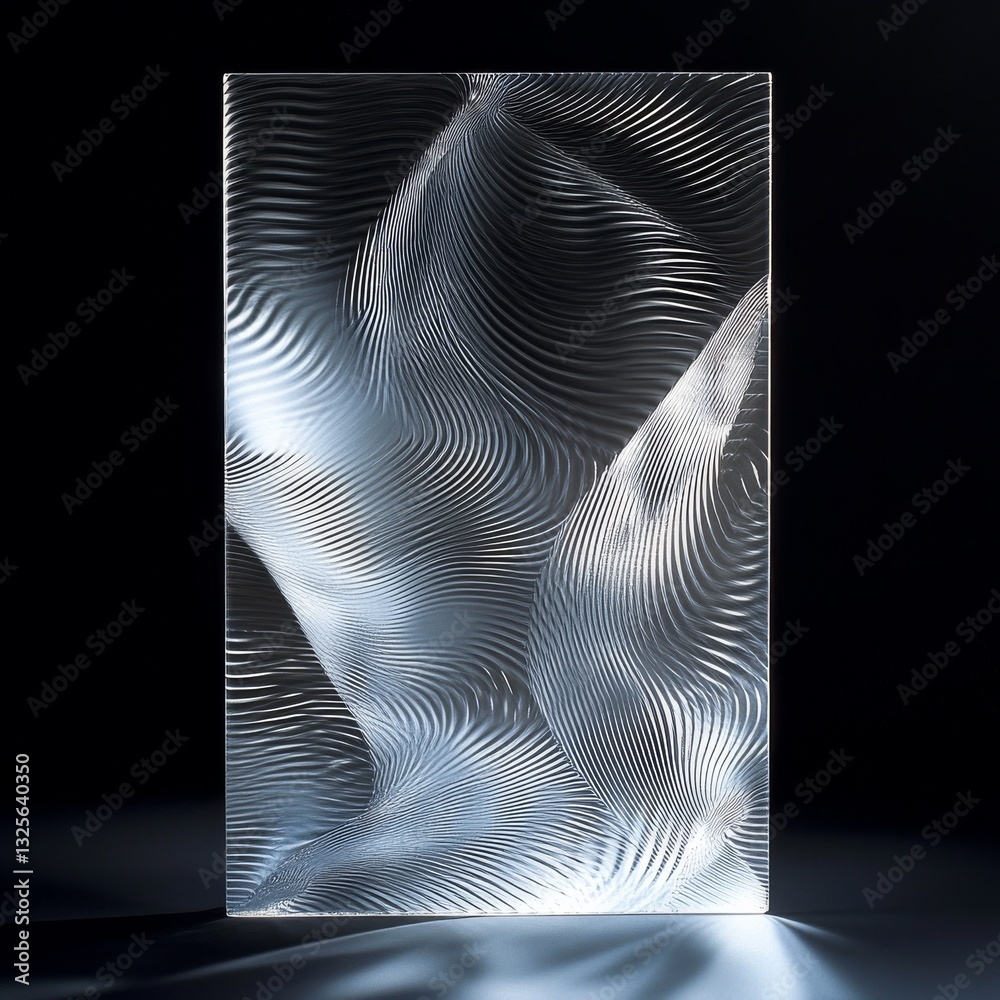 Poster abstract wavy glass sculpture on black background, showing intricate patterns of light and shadow, c