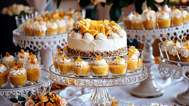 Elegant dessert table with mango cheesecake and whipped cream