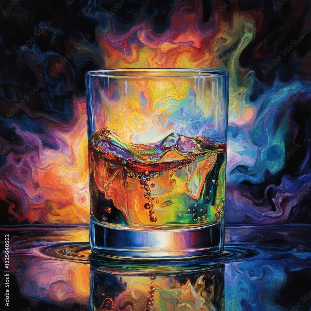 Poster a glass of whiskey in a colorful swirl, a painterly rendering with bubbles and reflections.