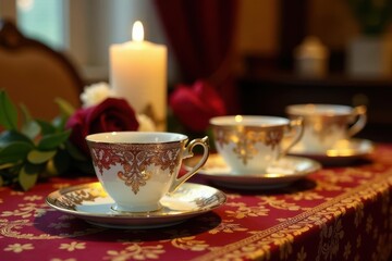 Fototapeta premium Elegant teacups with gold trim on a richly patterned table setting, illuminated by soft candlelight