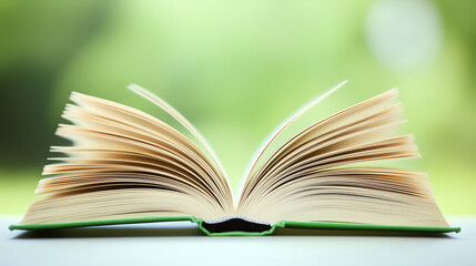 Fototapeta premium Open Book: A classic hardback book is displayed open, its pages gently fanned, offering a glimpse into the realm of knowledge, with a soft natural backdrop.