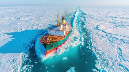 Obraz premium Icebreaker Ship Navigating Through Arctic Ice and Waterway