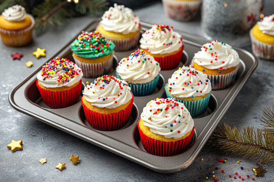 Delicious christmas cupcakes with colorful sprinkles festive treats joy red food blue sweet tasty