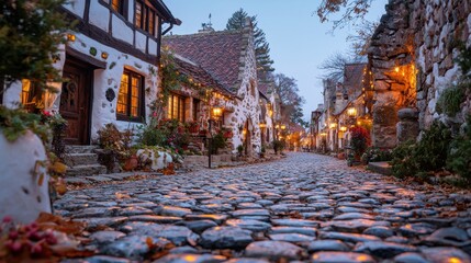 Fototapeta premium Charming Cobblestone Street in Quaint Historical Village at Dusk