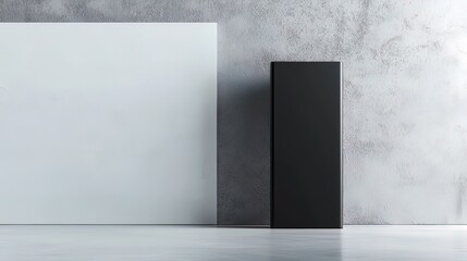 Black box and white background against a concrete wall.