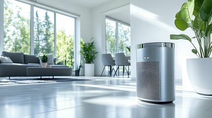 Modern air purifier in a bright, minimalist living room.