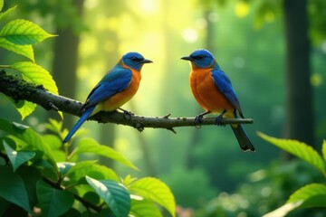Obraz premium A Pair of Vivid Blue and Orange Birds Perched on a Branch in a Sun-Dappled Forest