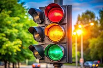 A traffic light with a green light is lit up in the sky