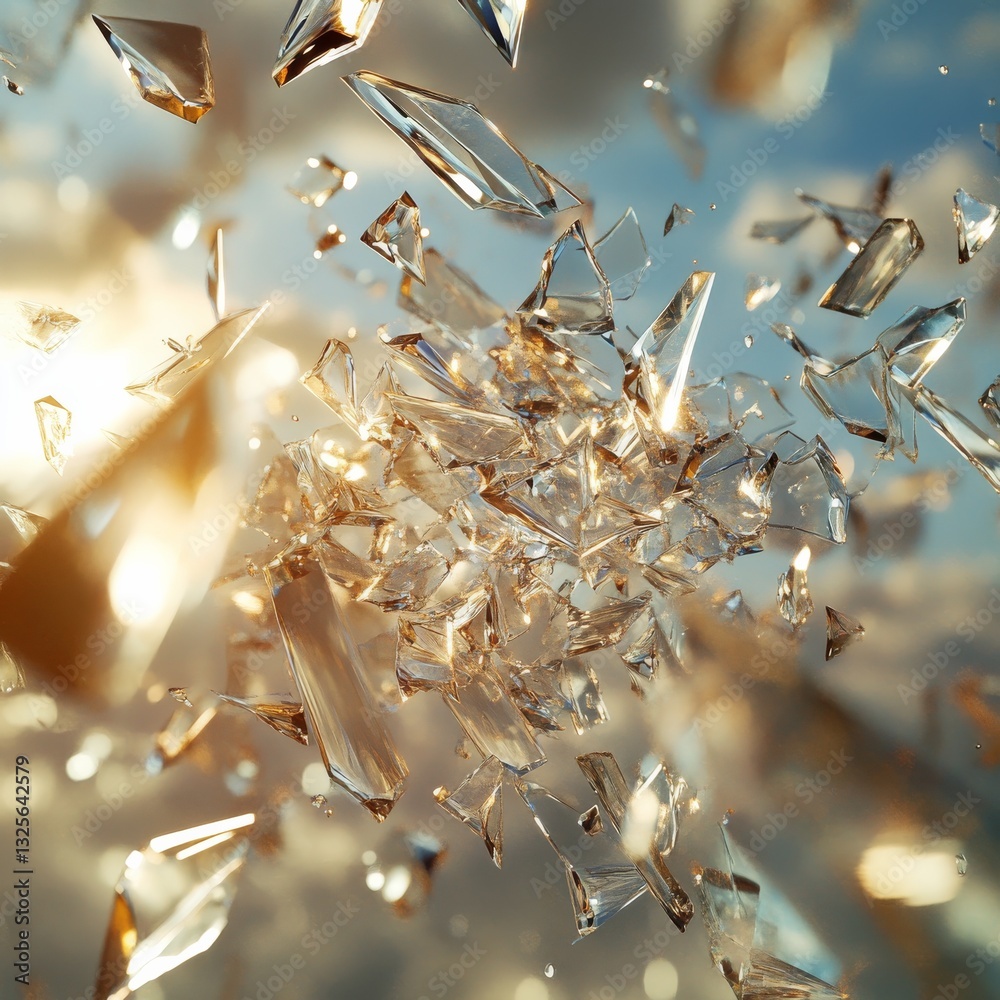 Poster golden shards: abstract composition of broken glass against a sky backdrop with sunlight and cloud r