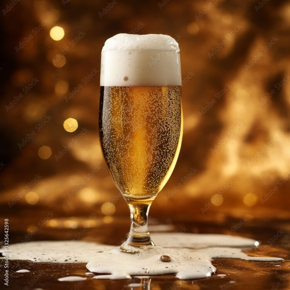 Leinwandbilder Golden Lager in a Glass with Frothy Head and Overflow, Sparkling Against a Bokeh Background