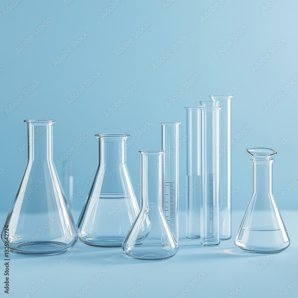 Poster laboratory glassware: an array of scientific beakers and test tubes on a clean blue surface