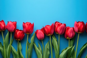 Fototapeta premium Vibrant red tulips arranged on blue background. Perfect for spring, love, or nature themes.