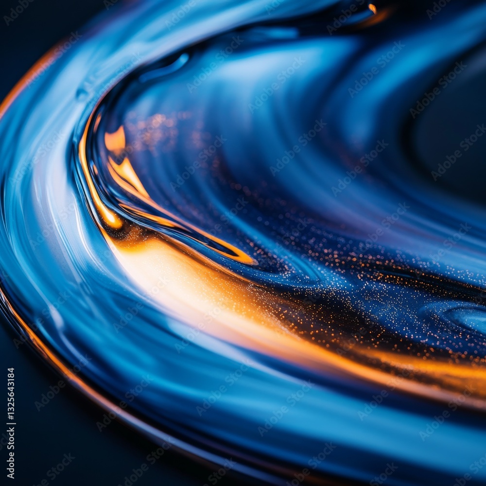 Poster mystical blue swirl: an abstract depiction of fluid motion with golden highlights and sparkling acce