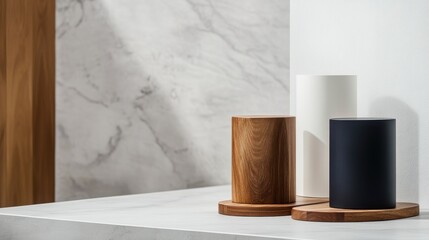 Minimalistic wooden and ceramic cylinders on marble surface with shadow play