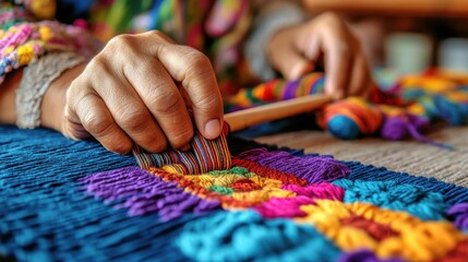 A close-up of a skilled artisan's hands weaving colorful threads into a vibrant textile, showcasing craftsmanship and creativity.