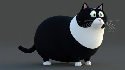 Fluffy Tuxedo Cat 3D Render Gray Background