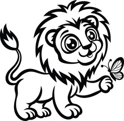 A Cute baby lion with butterfly silhouette vector illustration, Cute lion with butterfly isolated line art vector