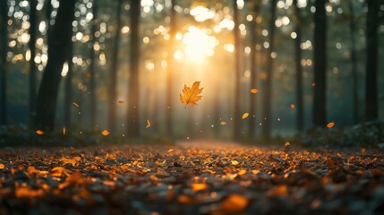 A single leaf drifts in a tranquil forest bathed in soft sunlight, embodying peace and natural harmony