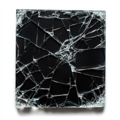 Shattered Surface: A square panel of broken glass against a white backdrop reveals intricate crack patterns and a damaged aesthetic.