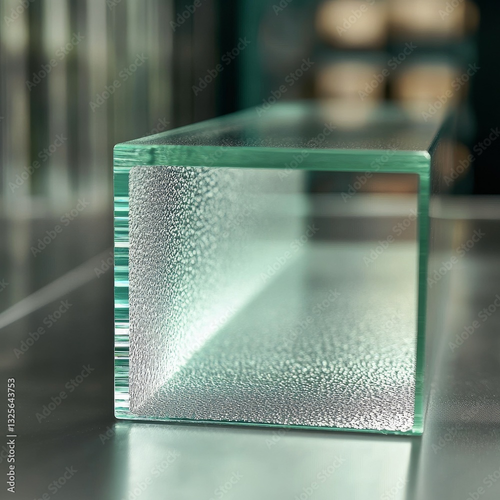 Poster Translucent Textured Glass Block: An Abstract Close-Up Showcasing Transparency, Light and Geometric Form