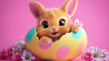 Fototapeta premium A cute bunny peeks out from a colorful Easter egg, surrounded by flowers against a vibrant pink background.