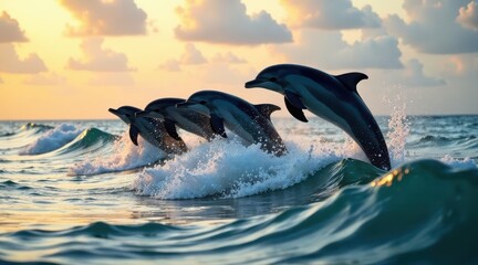 Obraz premium Oceanic acrobats leap joyfully through sunset waves, a breathtaking spectacle of marine life's playful energy