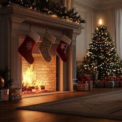 Cozy Christmas Living Room with Fireplace, Tree, and Stockings
