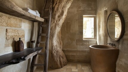 Rustic Bathroom with Wooden Ladder and Natural Elements