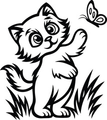 A Cute cat with butterfly silhouette vector illustration, Cute cat with butterfly isolated line art vector
