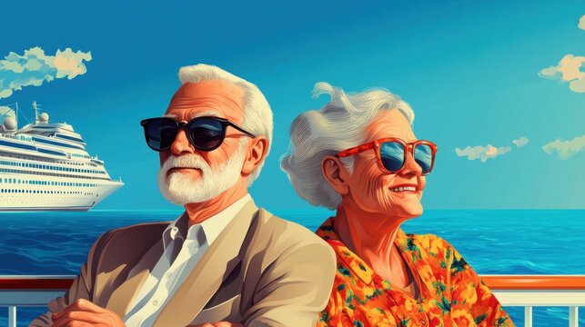 A stylish elderly couple enjoys a cruise, wearing sunglasses and vibrant clothing against a scenic ocean backdrop.