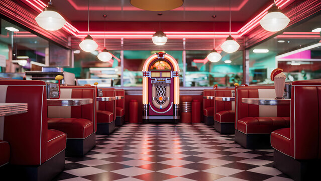 A retro 1950s American diner with neon signs glowing, red leather booths, a classic jukebox in the corner