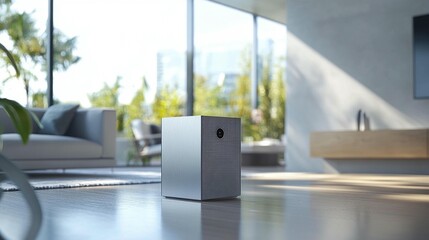 Fototapeta premium Modern minimalist silver speaker in contemporary living room.