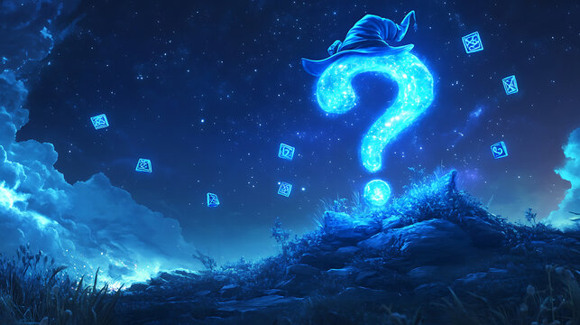 Luminous Blue Question Mark Floating Over Field Under Starry Night Sky With Surreal Elements