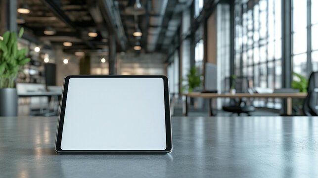 Modern tablet with blank screen on concrete desk in a blurred industrial office background.