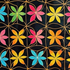 Naklejka premium Geometric Asanoha hemp leaf pattern in bold neon colors, repeating contemporary Japanese design