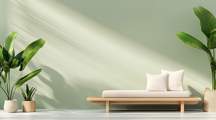 Relaxing minimalist living room with green plants and soft sofa modern home interior design bright atmosphere