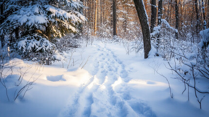 Obraz premium Snowy winter forest path footprints peaceful winter wonderland scene cold calm trees white woods