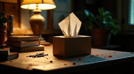 Illuminated Tissue Box on a Wooden Table with Books and Writing Utensils