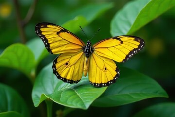 Fototapeta premium A vibrant yellow butterfly with black markings rests gracefully on a lush green leaf, showcasing its delicate wings and intricate details in a serene natural setting.
