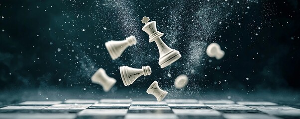 surreal chessboard scene, pieces floating and twisting in space, marble textures, deep cosmic background, artistic surrealism, conceptual storytelling, ultra-sharp details