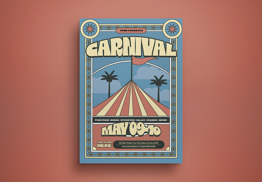 Soft Blue and Red Flat Illustration Carnival Flyer Layout