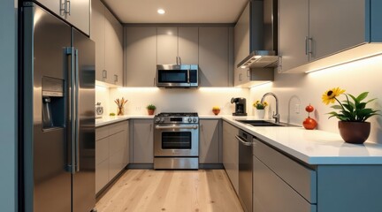 Fototapeta premium Modern kitchen interior design showcasing sleek stainless steel appliances and minimalist light gray cabinetry with integrated lighting