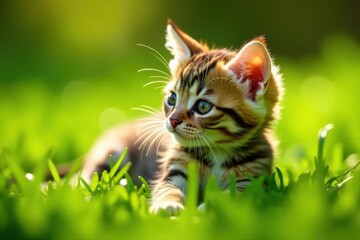 A playful kitten basking in the sunlight amidst a vibrant green meadow, its fur gleaming, eyes sparkling with curiosity, a symbol of springtime joy and innocent charm.
