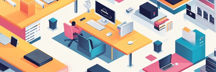 Obraz premium Isometric illustration of a modern office workspace with desks, computers, and office supplies.